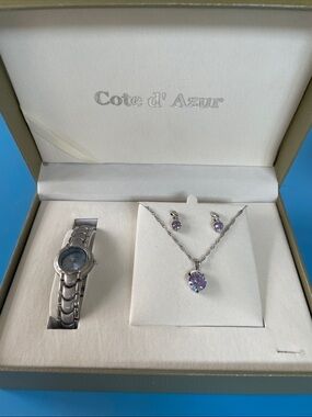 Silver-Tone Watch and Lavender Crystal Necklace & Earring Set
